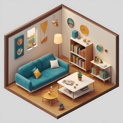 Isometric living room open inside interior architecture 3d rendering