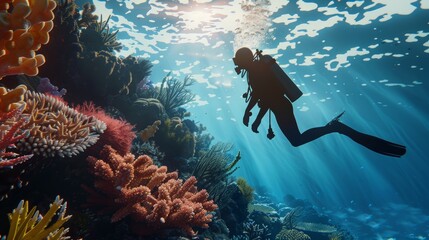 Underwater Witness Diver Silhouette Capturing Climate Change's Devastating Effects on Coral Reefs