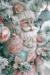 A whimsical scrapbooking paper design featuring a pink and white Santa Claus figurine adorned with pink and blue ornaments standing next to a Christmas tree. - obrazy, fototapety, plakaty