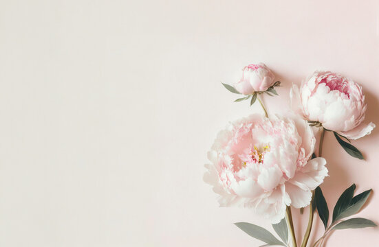 Illutration of spring peones flowers on pink background top view in flat lay style. Greeting card for Womens, Mothers Day, wedding invitation or Spring Sale Banner. Generative AI.