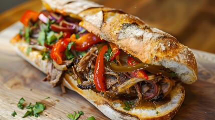 italian beef sandwich chicago, fresh gourmet food homemade with roasted beef and bell pepper
