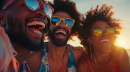 Friends enjoying a sunset at the beach, vibrant summer memories