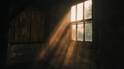 Sunlight filters through the window into a dark room as the sun sets