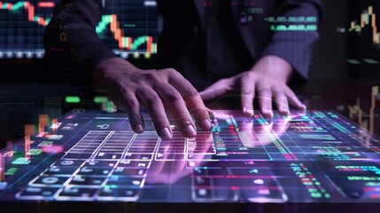 Fototapeta premium Virtual Reality Finance Silhouette of Analyst Analyzing Market Trends with Augmented Reality Keyboard and Stock Charts
