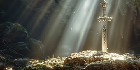 legendary sword, Excalibur, is perched atop a weathered rock, waiting for a worthy hand to wield its power.