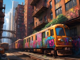 Bustling city street transforms into vibrant graffiti gallery, colorful characters, abstract designs on skyscrapers down	
 - obrazy, fototapety, plakaty