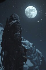 A lone figure stands on a mountaintop, looking up at the moon - obrazy, fototapety, plakaty