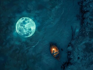 A boat floating on the ocean at night. The boat is lit by a lantern. The moon is full and bright. The water is calm and still. The sky is dark and starry. - obrazy, fototapety, plakaty