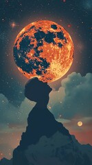A boy looking up at a giant moon. The moon is red and orange, and the sky is dark blue. The boy is standing on a mountain. - obrazy, fototapety, plakaty