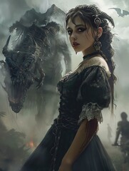 A beautiful dark haired woman in a black dress standing in front of a large black dragon - obrazy, fototapety, plakaty