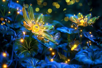 A photo of a flower with a glowing light inside of it - obrazy, fototapety, plakaty