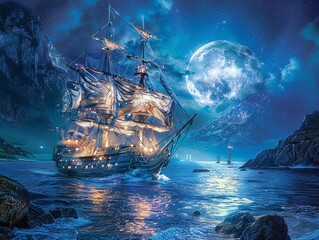 A pirate ship sails on a moonlit sea past a rocky coast. - obrazy, fototapety, plakaty