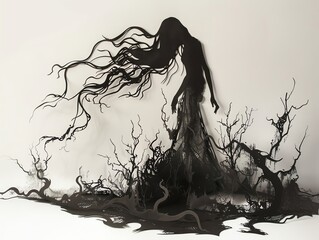 A dark and twisted tree with a long, flowing mane. - obrazy, fototapety, plakaty