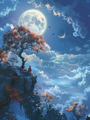 A man standing on a cliff looking at the moon - obrazy, fototapety, plakaty