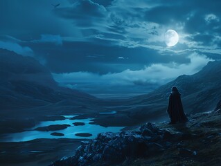 A dark figure stands on a cliff overlooking a moonlit valley. The sky is cloudy and there are two ravens flying in the foreground. - obrazy, fototapety, plakaty