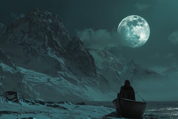 A boat on a lake with a full moon in the background - obrazy, fototapety, plakaty