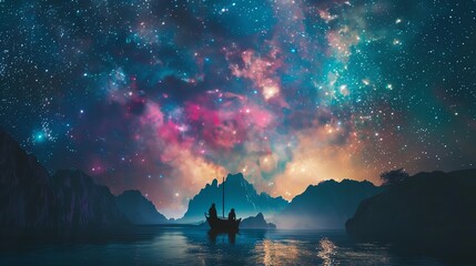 A boat floating on a lake under a starry night sky with a beautiful aurora. - obrazy, fototapety, plakaty