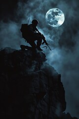 A dark figure climbs a steep mountain in the moonlight. - obrazy, fototapety, plakaty