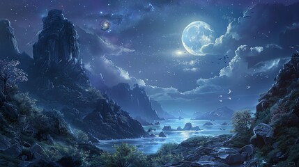 fantasy landscape with a large moon and mountains in the background. The foreground is a body of water with rocks and trees on the shore. - obrazy, fototapety, plakaty