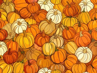 A mass of pumpkins, each unique in size and color, forming a pattern across the background. - obrazy, fototapety, plakaty
