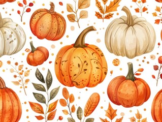 A fall-themed background adorned with a pattern of colorful pumpkins, ideal for seasonal greetings. - obrazy, fototapety, plakaty