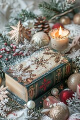 A charming Christmas card featuring a book with snowflakes on top, surrounded by festive decorations and a lit candle. Shabby chic style, pastel colors, and dreamy design create a magical atmosphere. - obrazy, fototapety, plakaty