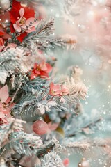 An adorable close-up Christmas card with ornaments hanging on the tree. The shabby chic design, pastel colors and collage elements add to its charm. - obrazy, fototapety, plakaty