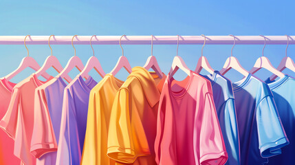 Fototapeta premium Colorful cotton shirts hanging on racks in wardrobe. T-shirts in the shopping mall. Sale concept