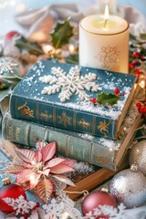 A charming Christmas card close-up featuring a book with snowflakes on top, surrounded by festive decorations and a lit candle. Shabby chic style, pastel colors, and dreamy design. - obrazy, fototapety, plakaty