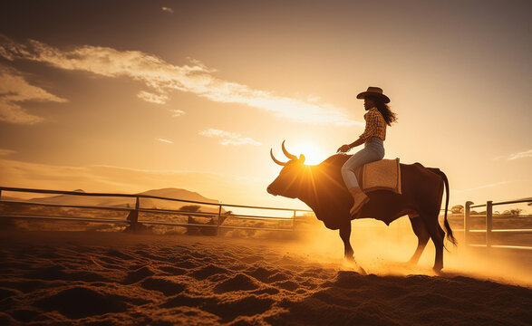  A black female cowgirl riding a bull, dramatic sunrise backlighting, silhouetted against the golden sky, a dusty cinematic photograph, trees - bullrider; clouds; dust
