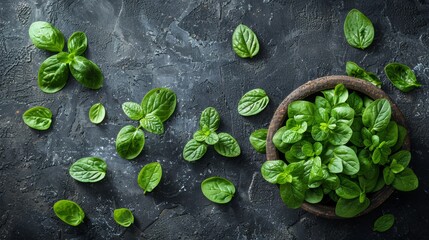 A bowl of fresh basil leaves on a dark surface, AI - Powered by Adobe