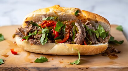 italian beef sandwich chicago, fresh gourmet food homemade with roasted beef and bell pepper