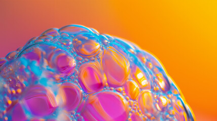 Close-up of colorful soap bubbles with reflections and a vibrant orange background. - obrazy, fototapety, plakaty