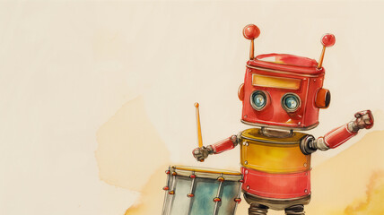 Vintage-style illustration of a red and yellow robot with a drum and drumsticks. - obrazy, fototapety, plakaty