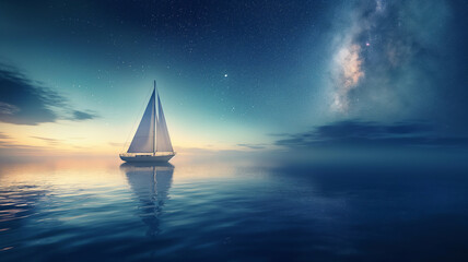 Sailing yacht on a calm sea at twilight with a starry sky and the Milky Way stretching above the horizon. - obrazy, fototapety, plakaty