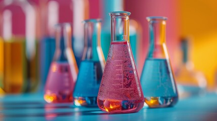 Row of Colorful Flasks Filled With Liquid