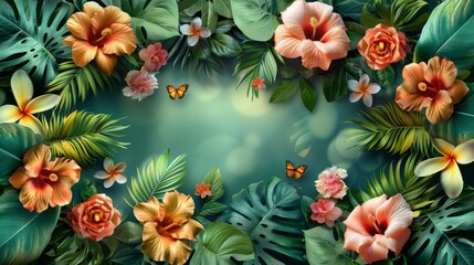 A tropical background with flowers and butterflies, AI
