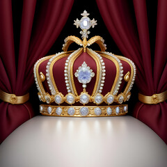 golden crown on red curtain - obrazy, fototapety, plakaty