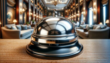 Luxury Hotel Service Bell on Elegant Wooden Reception Desk