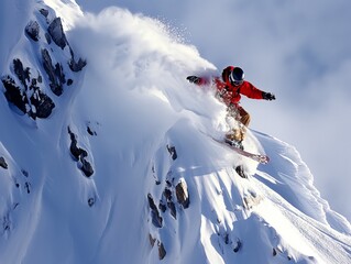 A snowboarder is in mid-air, performing a trick on a snow-covered mountain. Concept of excitement and adrenaline as the snowboarder skillfully navigates the challenging terrain