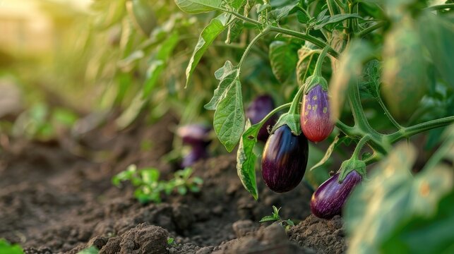 growing eggplants on the farm. selective focus