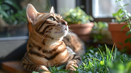 Cat Sitting in Grass Next to Bowl