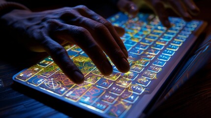 Digital Nomad Silhouette of a Travel Marketer Crafting SEOOptimized Content for Interactive Destination Promotion with Transparent Keyboard and Keyword Insights