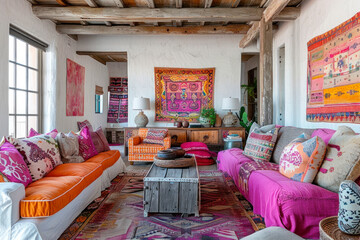 Living room in boho style. Sofa with pillows, wooden beams on the ceiling, carpets with ethnic designs on the whitewashed walls