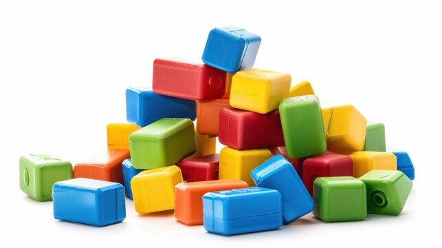 Colorful pile plastic blocks toy isolated on white background. AI generated image