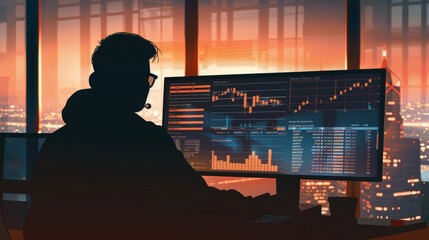 Future of Algorithmic Trading Engaging Online Forum Discussion with Silhouetted User and Market Predictions