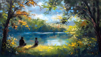 Serene oil painting of a couple sharing a quiet moment by a tranquil lakeside retreatar74v60 Generative AI