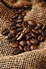 coffee beans on a burlap background. selective focus