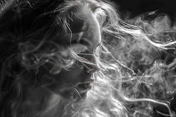 Potrait of Woman with Hair and Smoke created with Generative AI Technology, ai, generative - obrazy, fototapety, plakaty