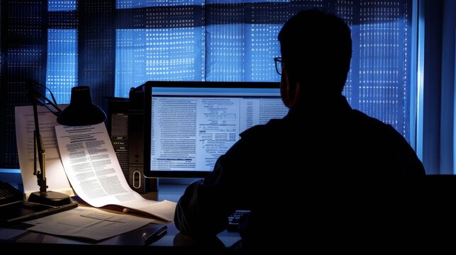 Ethical Algorithmic Trading Research Silhouette of Academic with Computer Screen Showing Papers and Guidelines